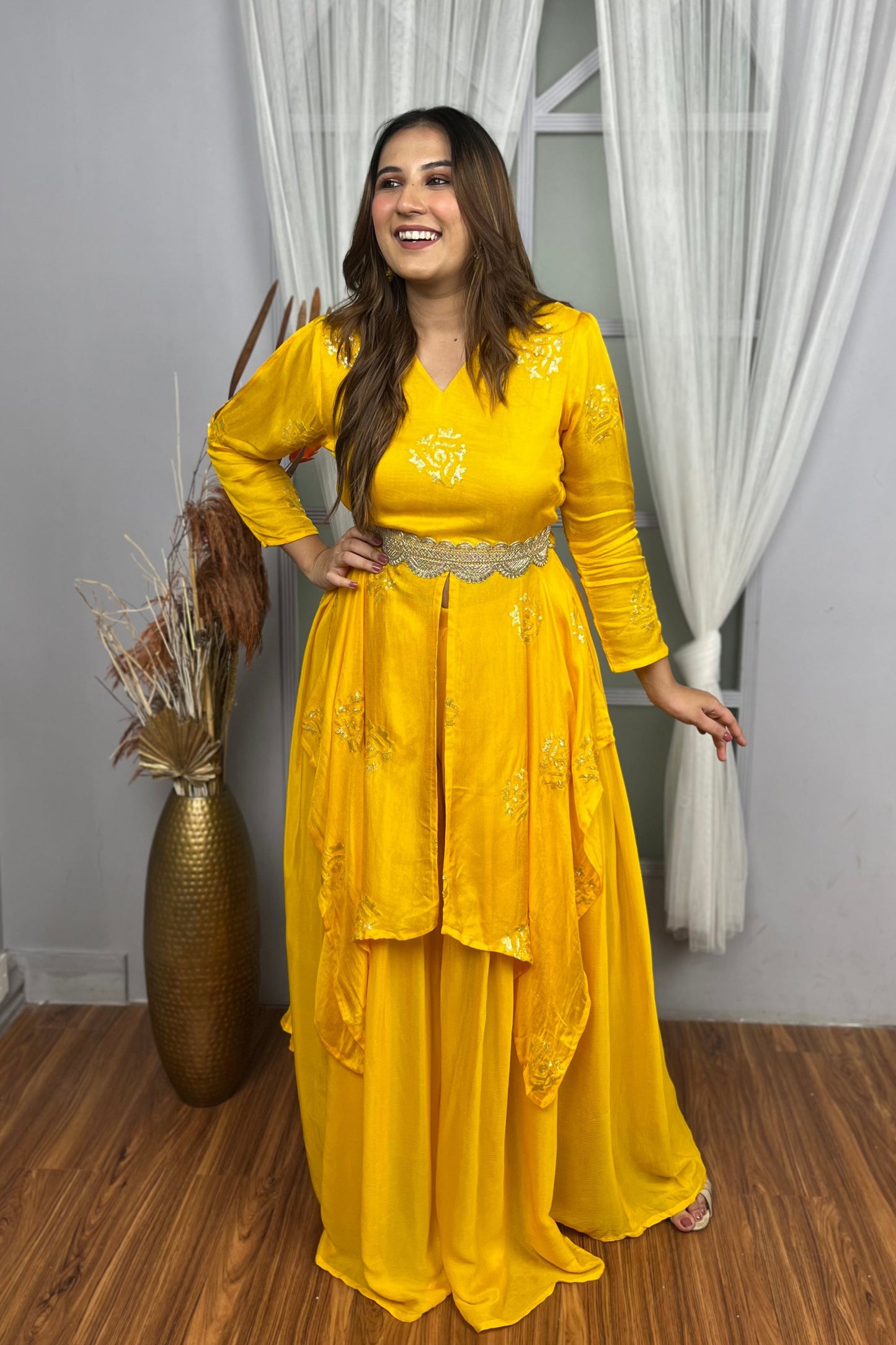 Yellow Flowy Palazzo Pants Festive Set