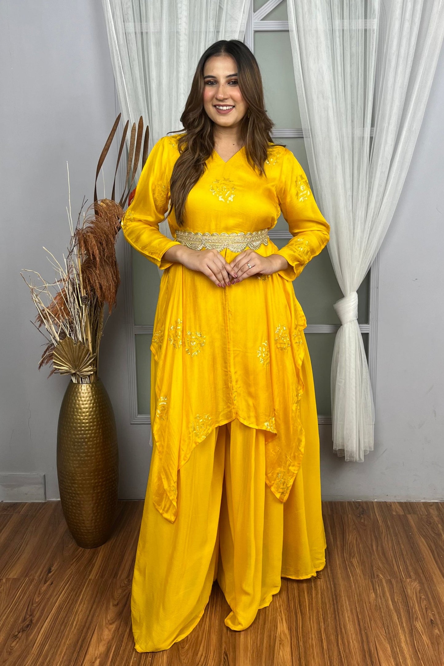 Yellow Flowy Palazzo Pants Festive Set