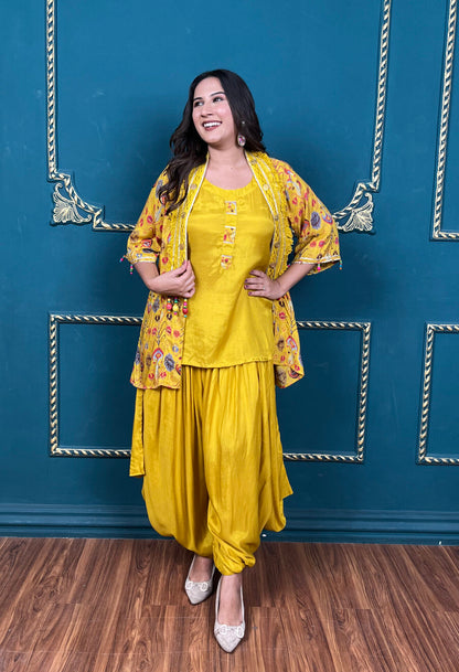 Yellow Dhoti Set with Printed Cover-up