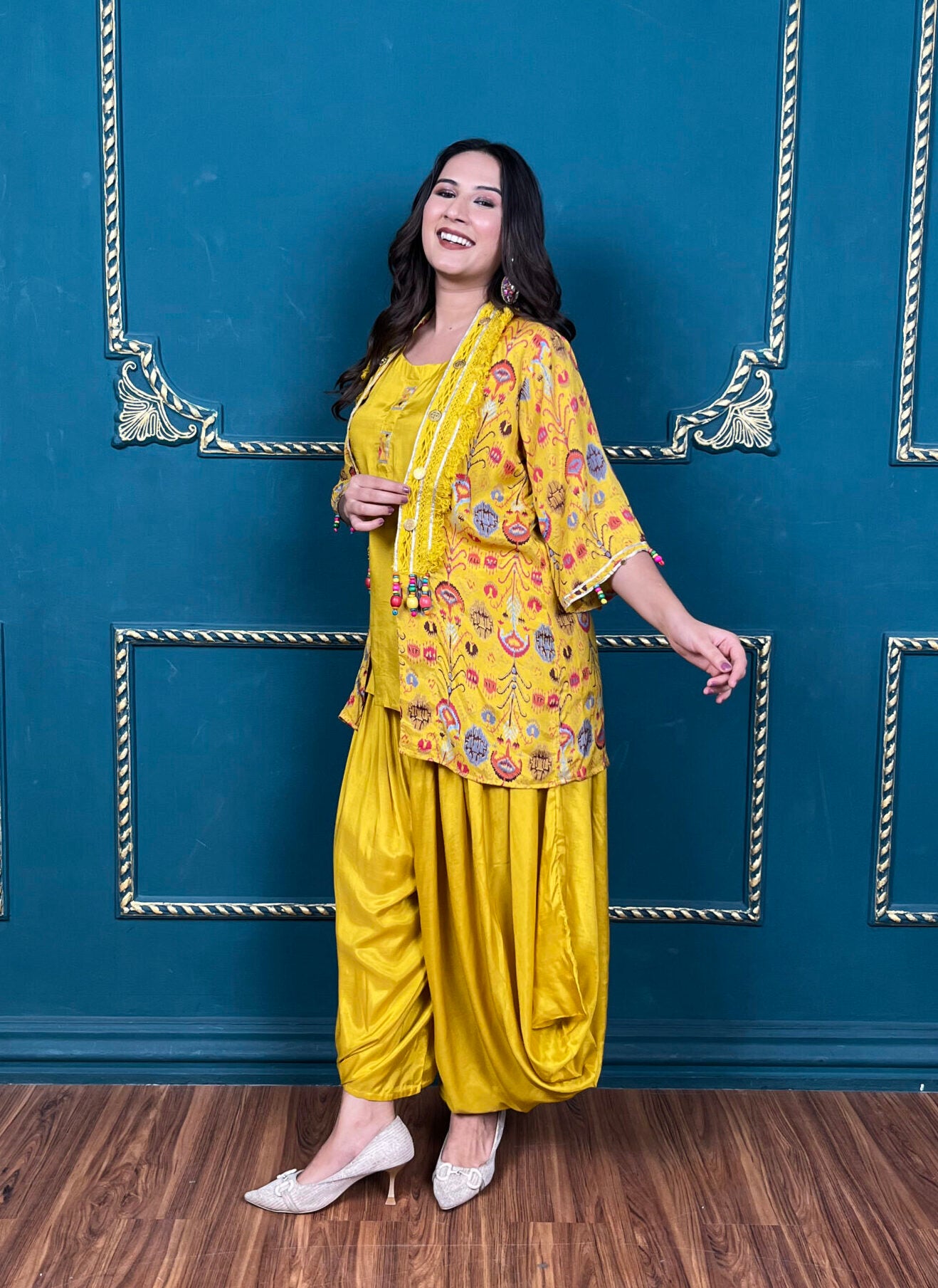 Yellow Dhoti Set with Printed Cover-up