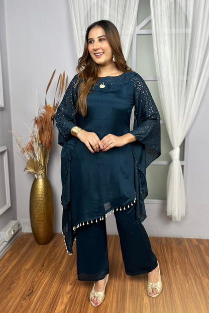 Deep Peacock Blue Set with Voluminous Sleeves