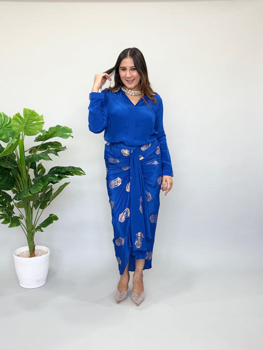 Blue Skirt Set With Metallic Print