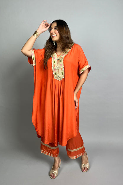 Orange Kaftan Set with Embroidery