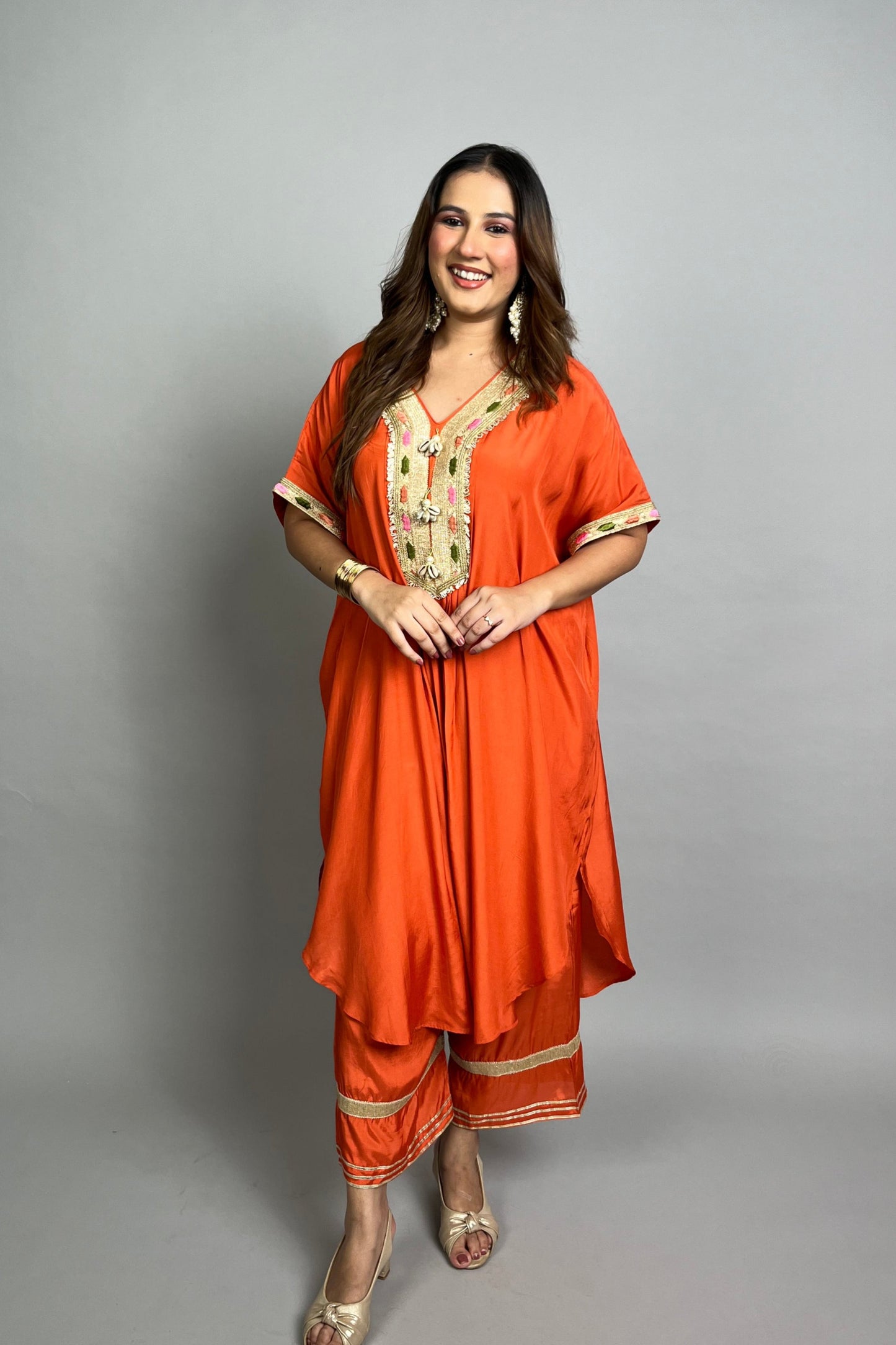 Orange Kaftan Set with Embroidery