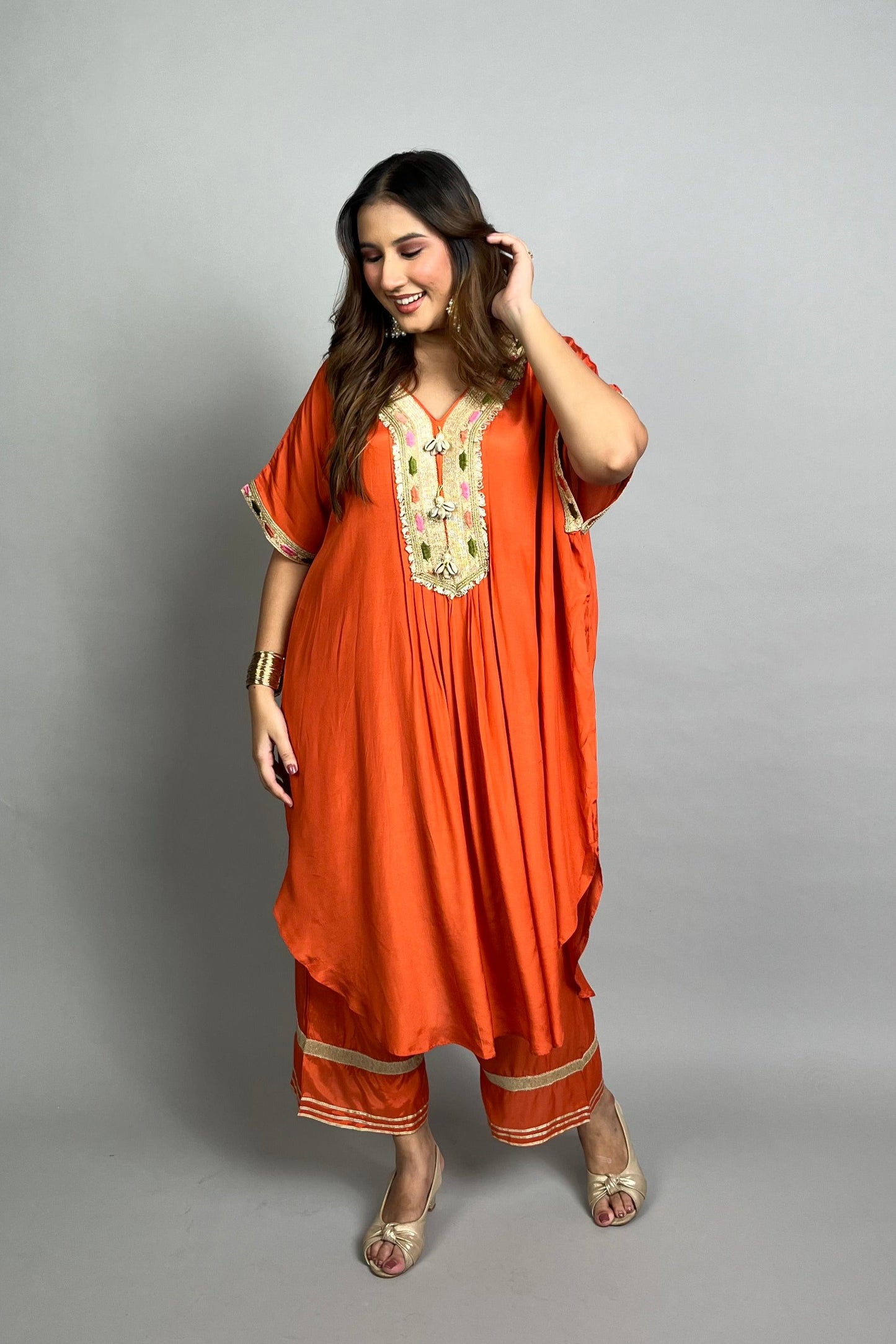 Orange Kaftan Set with Embroidery