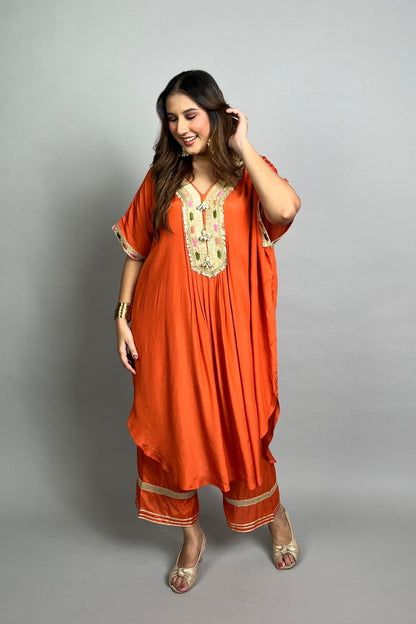 Orange Kaftan Set with Embroidery