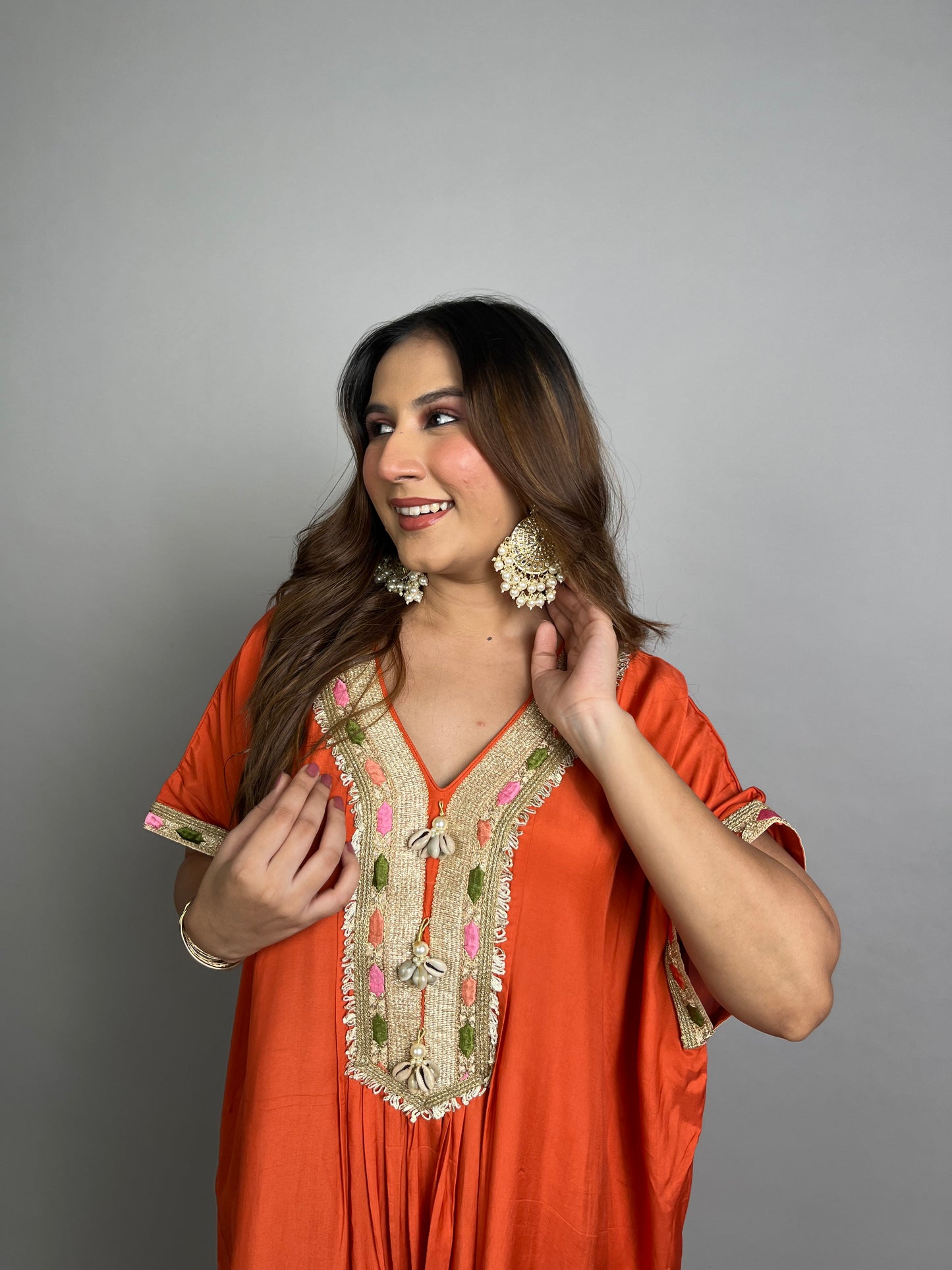 Orange Kaftan Set with Embroidery