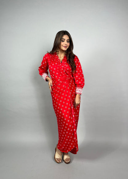 Red Printed Wrap Style Dress with Embroidered Cuffs