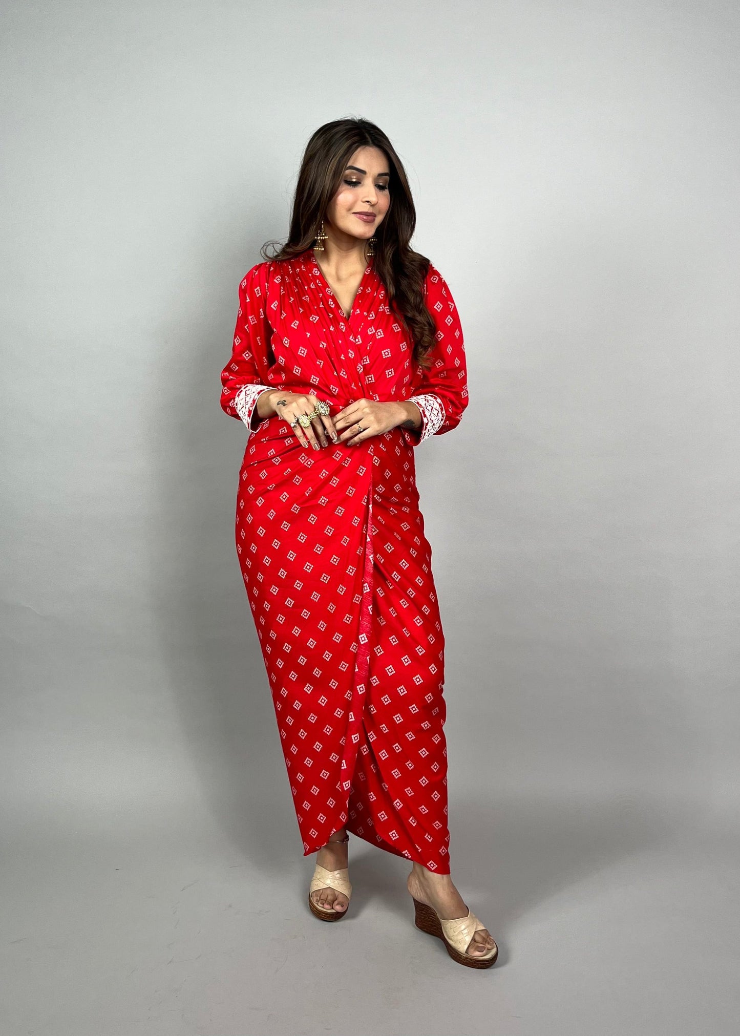 Red Printed Wrap Style Dress with Embroidered Cuffs