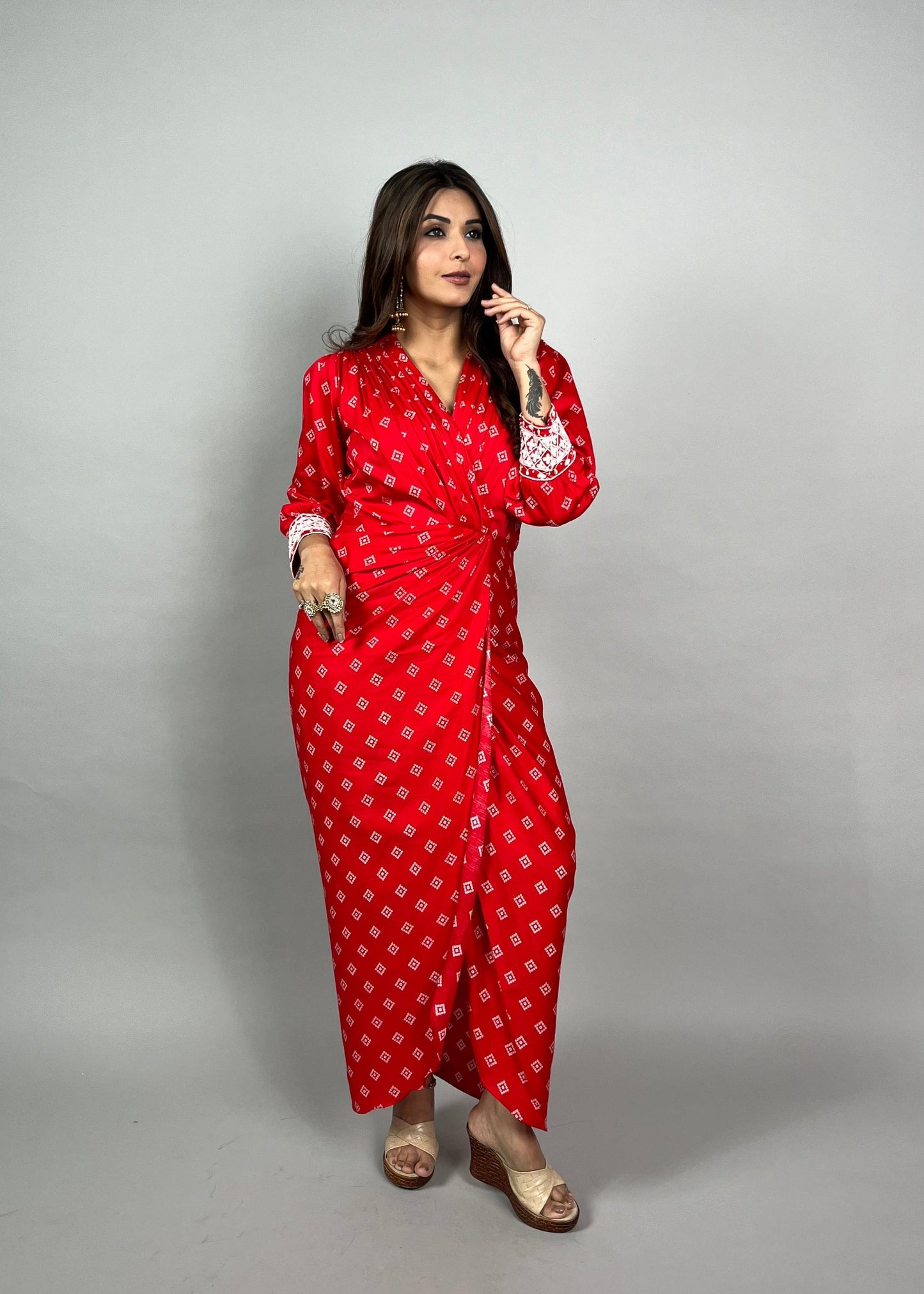 Red Printed Wrap Style Dress with Embroidered Cuffs