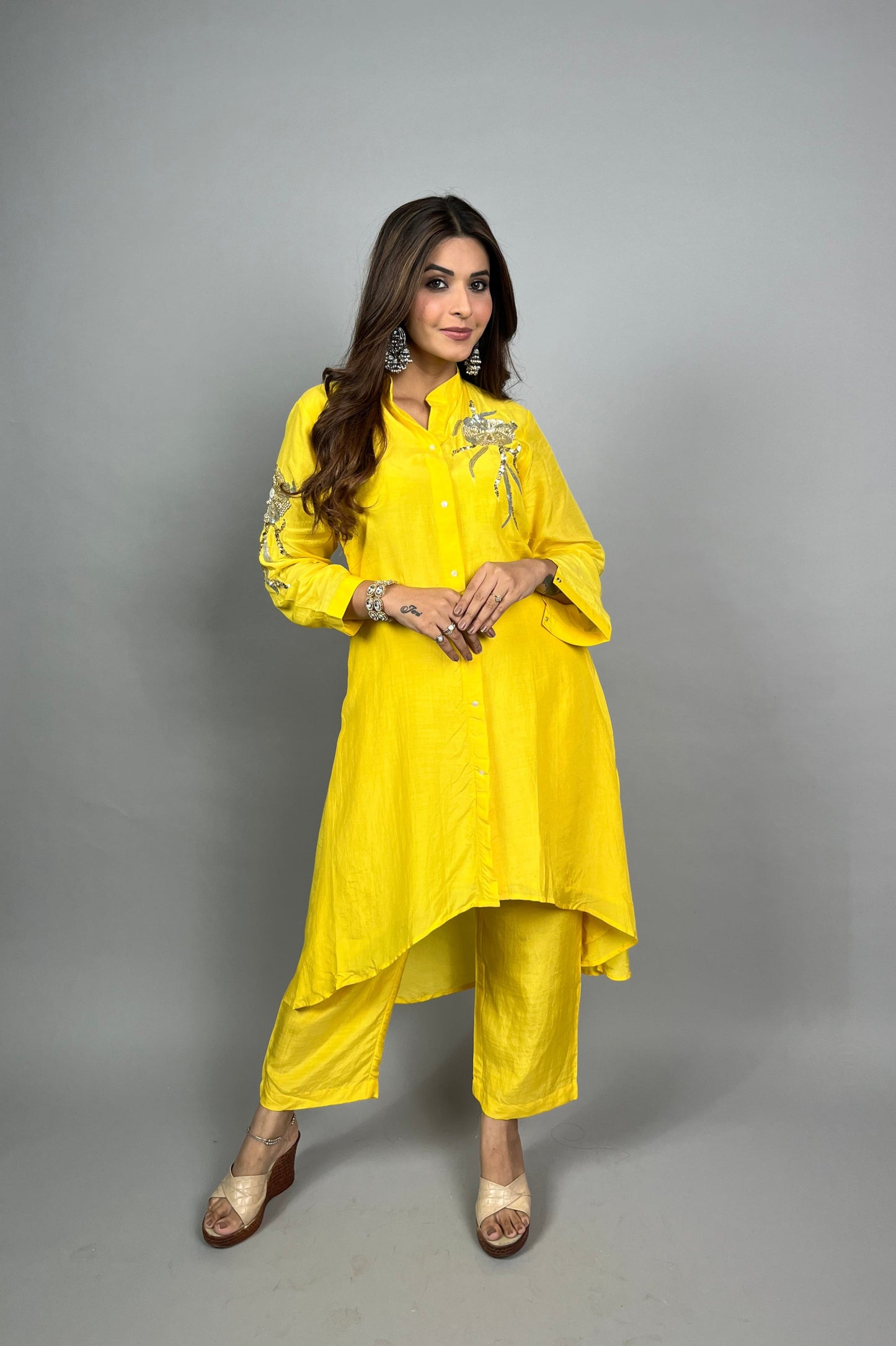 Yellow Fusion Set with Floral Embroidery