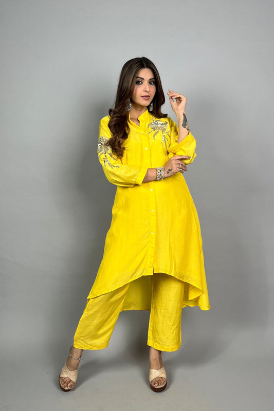 Yellow Fusion Set with Floral Embroidery