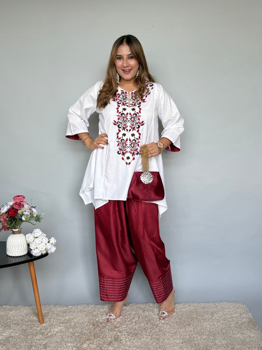 Red Farshi Pants Set With Handbag