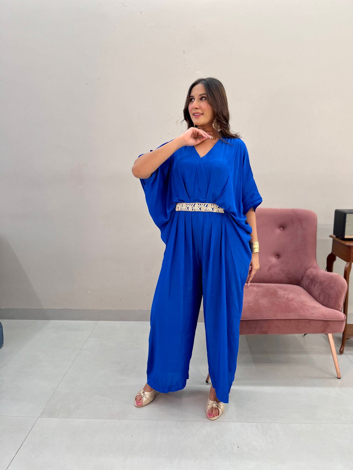 Cobalt Blue Jumpsuit with Embroidered Belt