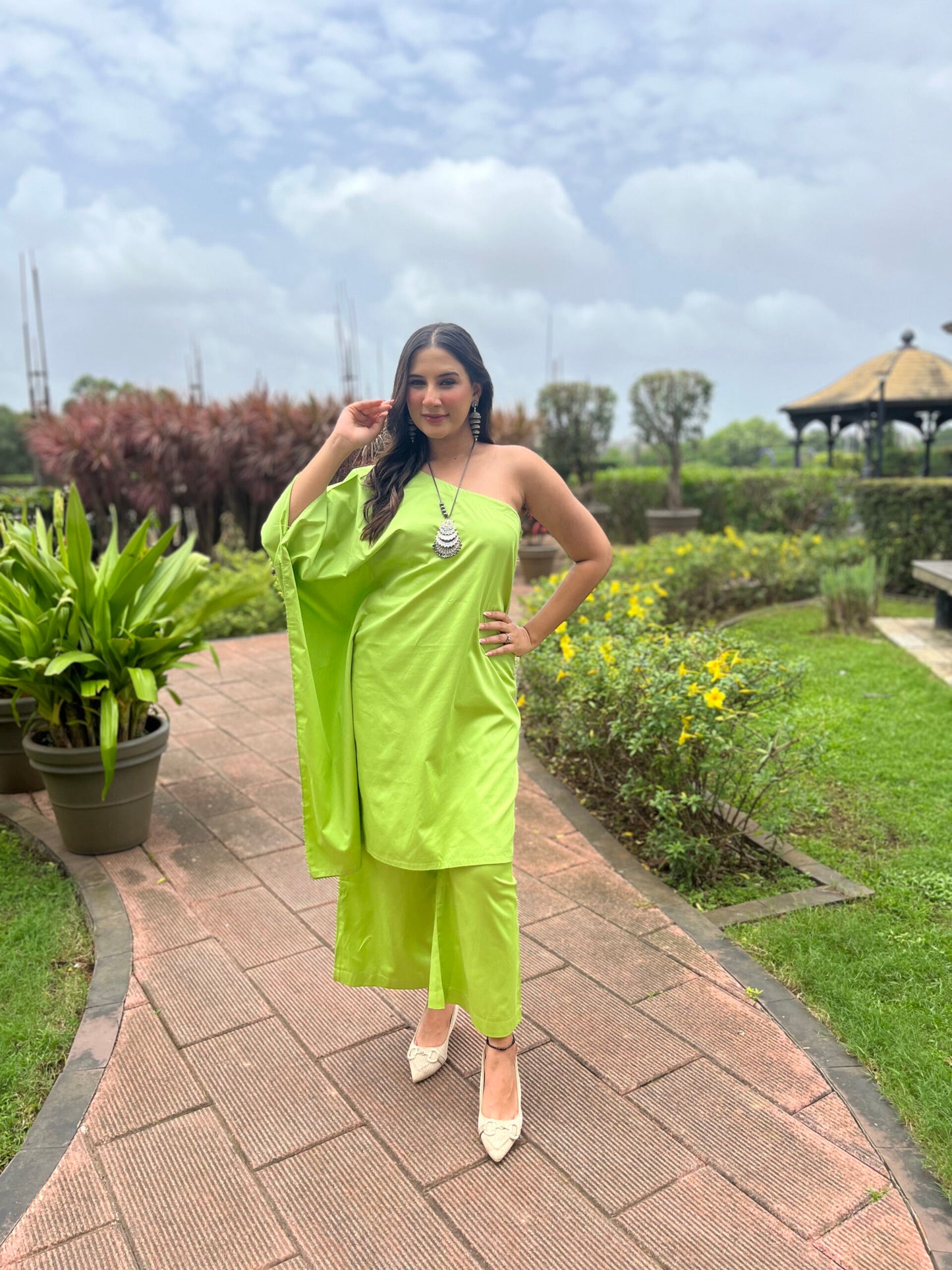 Light Green 1 Shoulder Kaftan Coord Set