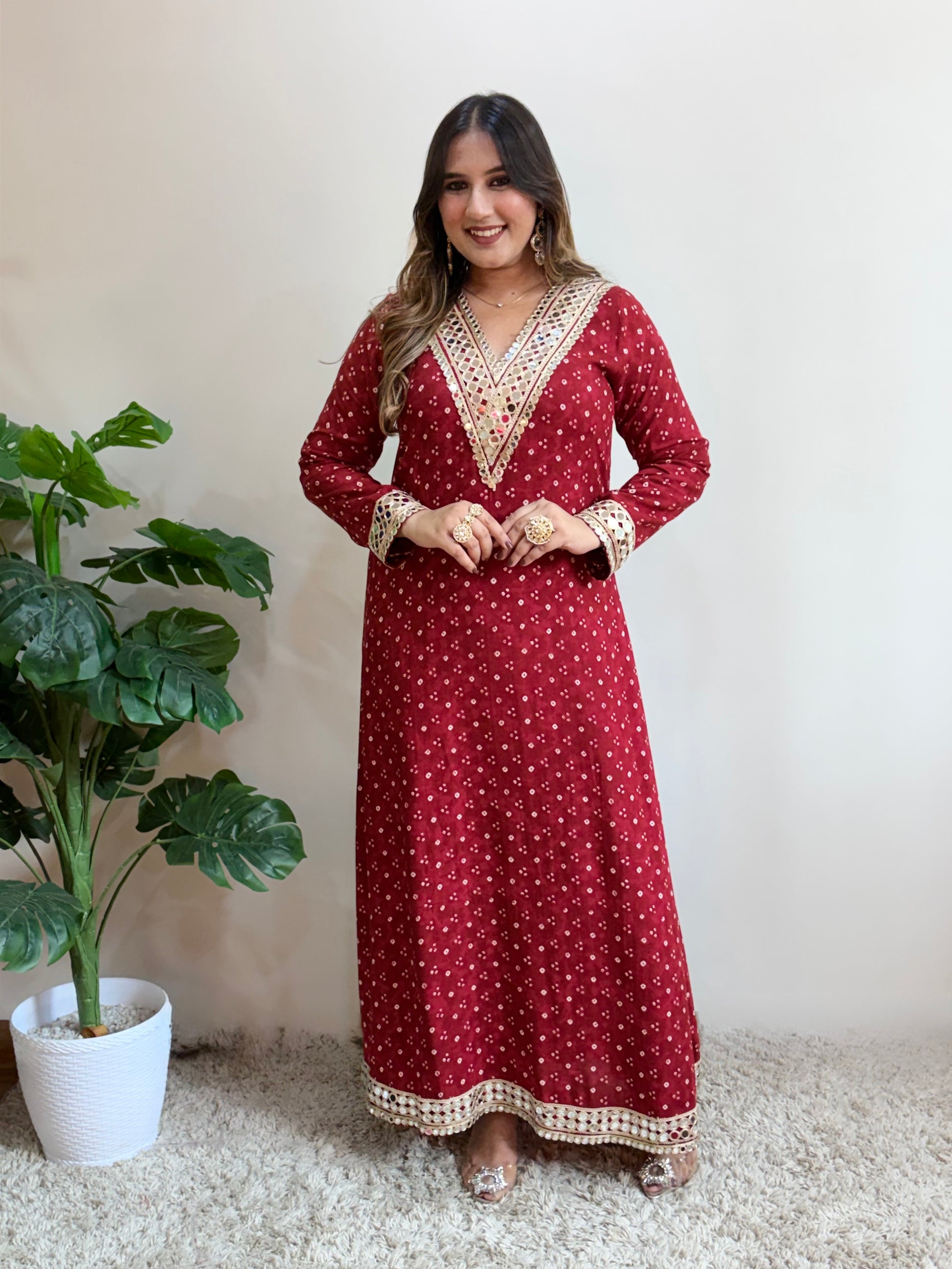Red Bandhani Print Slit Dress DesiVidesi Red Bandhani Print Slit Dress DesiVidesi