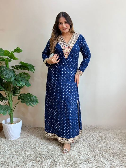Blue Bandhani Print Slit Dress
