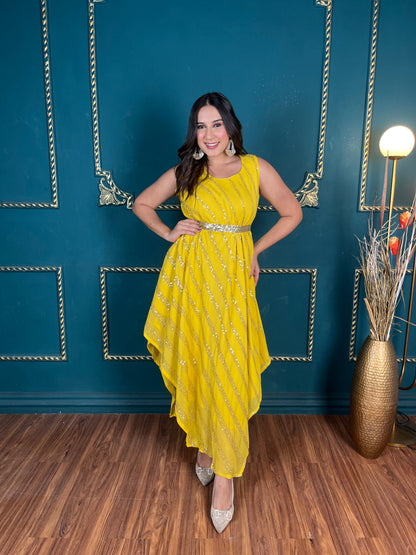 Yellow Free-Size Sequence Dress with Belt