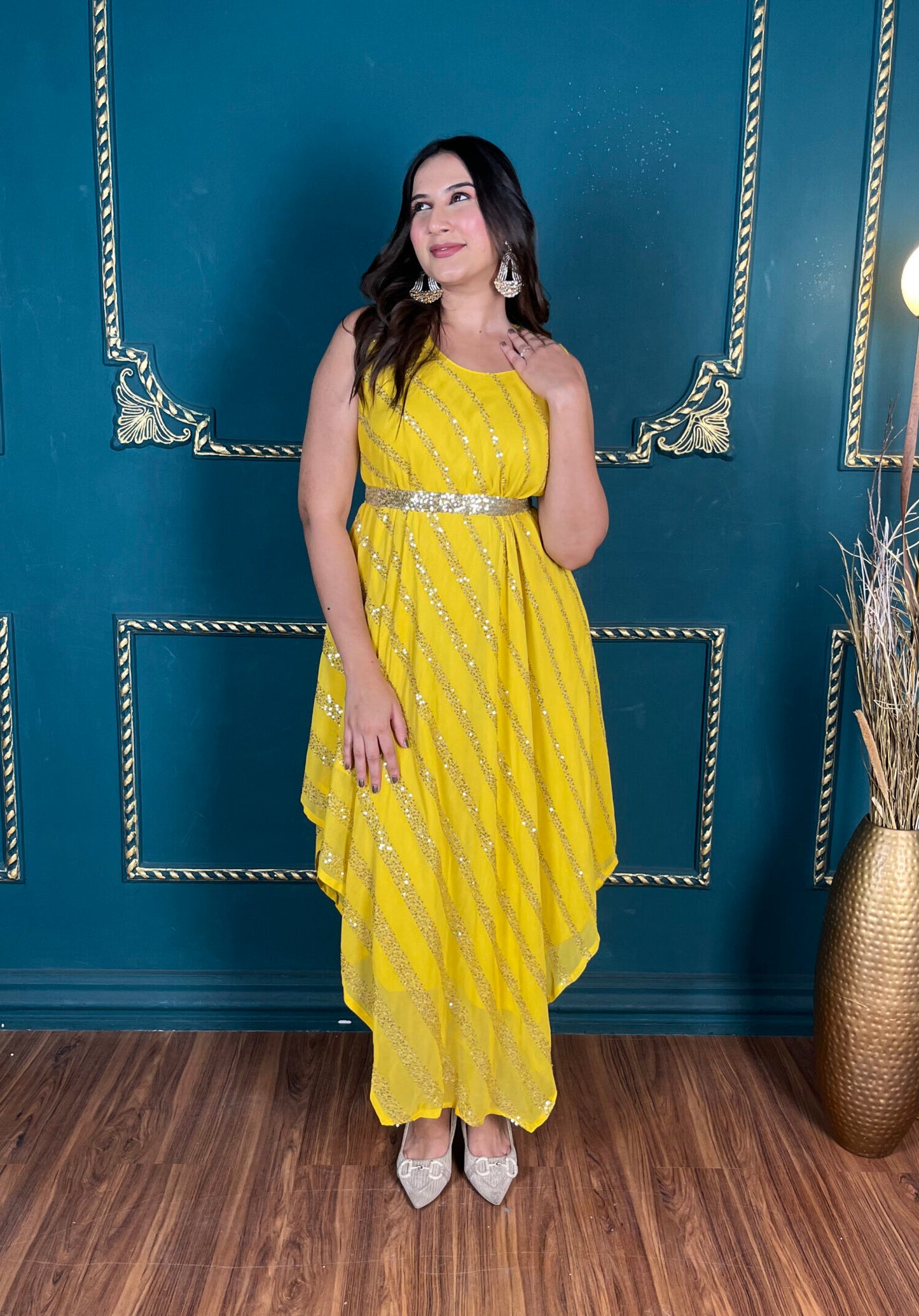 Yellow Free-Size Sequence Dress with Belt