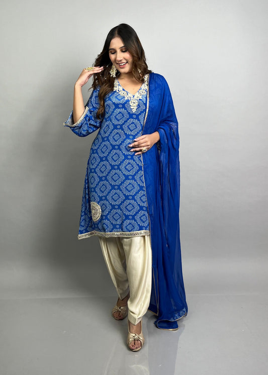 Blue Bandhani Dupatta Set with Gold Embroidery