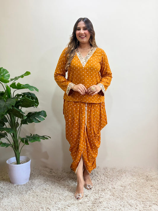 Mustard Bandhani Print Skirt Set With Mirrorwork