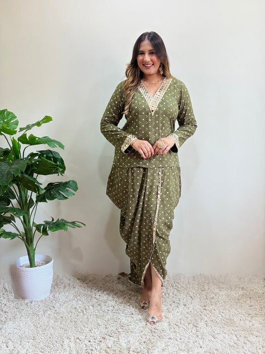 Olive Bandhani Print Skirt Set With Mirrorwork