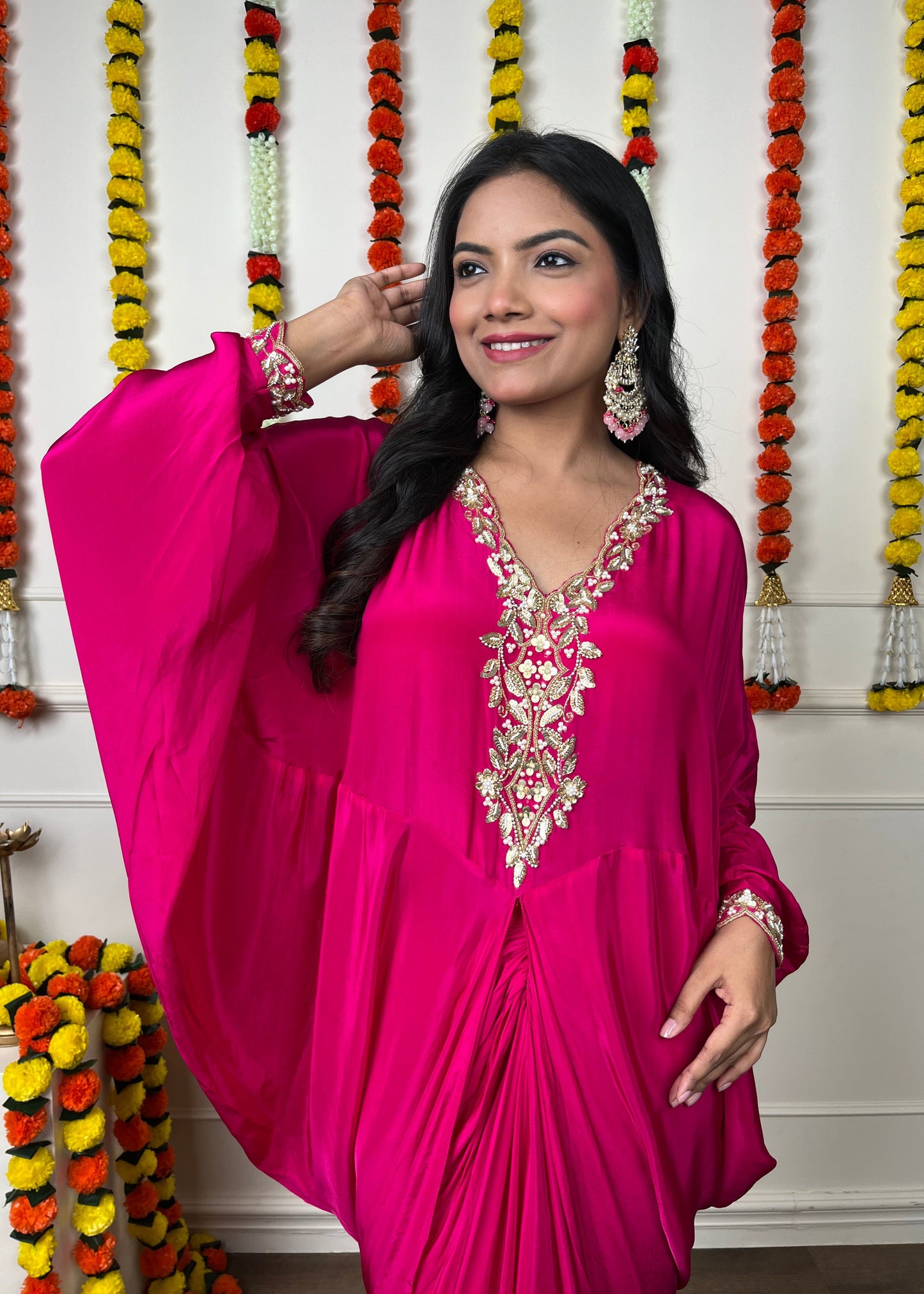 Rani Pink Kaftan & Pleated Fusion Set