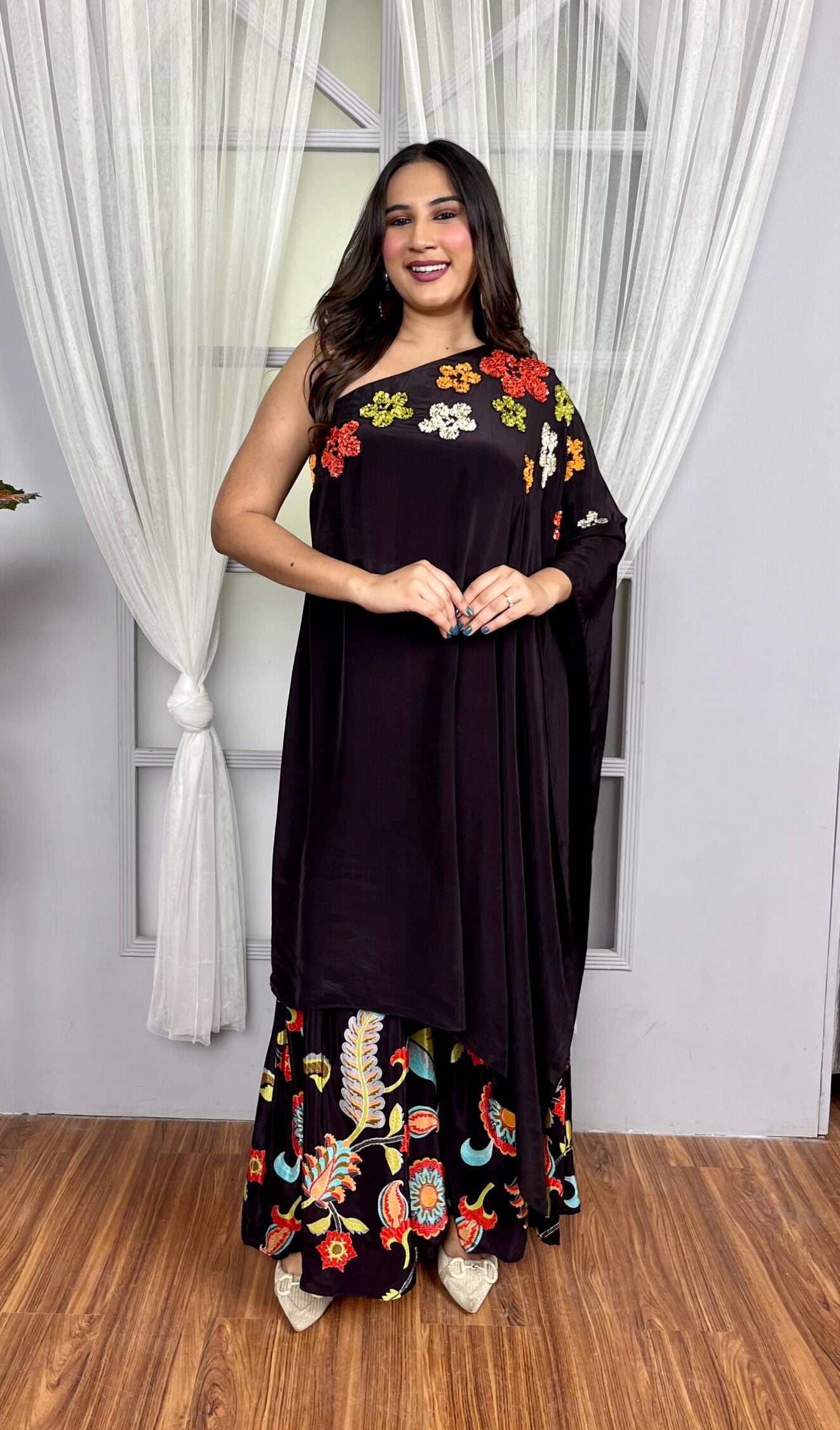 Brown One-Shoulder Set with Floral Print and handwork on neckline