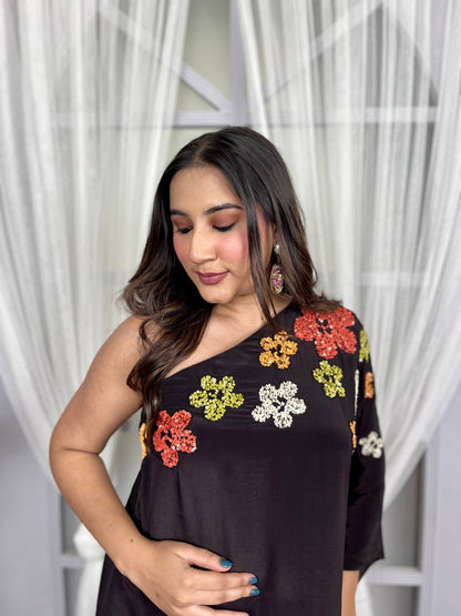 Brown One-Shoulder Set with Floral Print and handwork on neckline