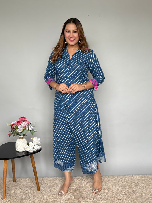 Blue Jumpsuit With Pink Embroidery