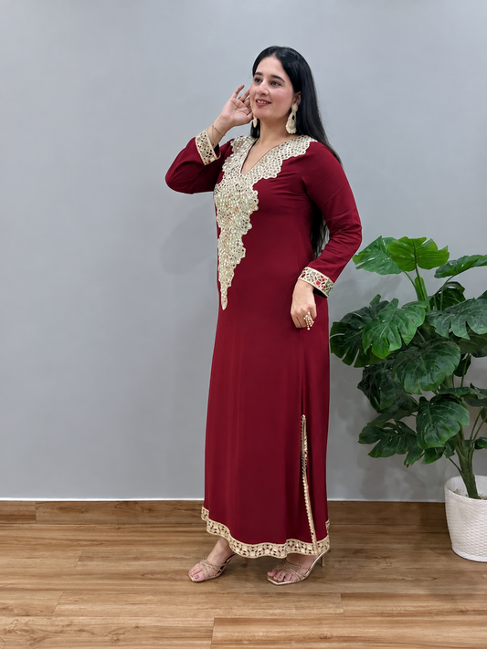 Red Mirror Work Side Slit Dress