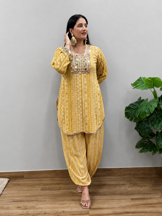 Yellow Mirror Work Balloon Pants Set