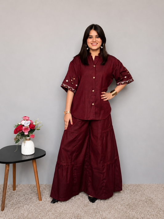 Maroon Cord Set With Embroidery