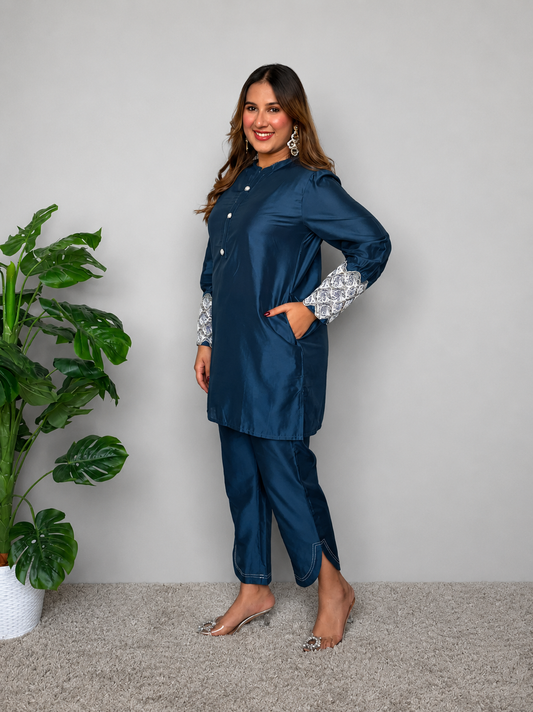 Embroidered Blue Cord Set