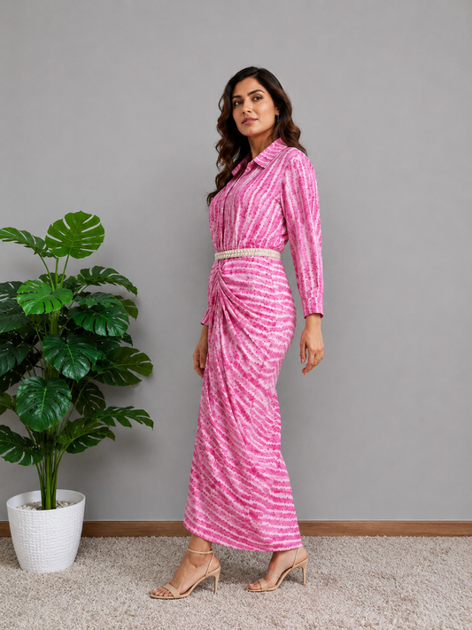 Pink Gathered One Piece Dress With Belt