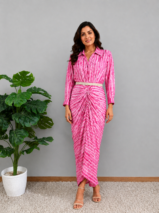 Pink Gathered One Piece Dress With Belt