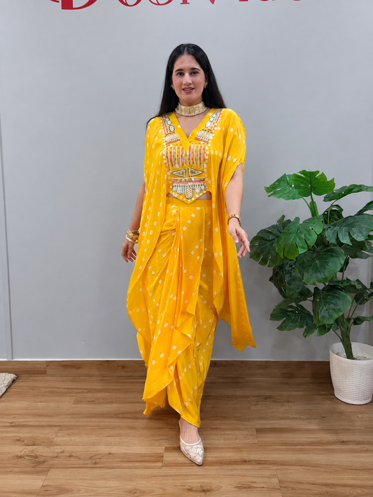 Yellow Bandhani Kaftan Skirt Set